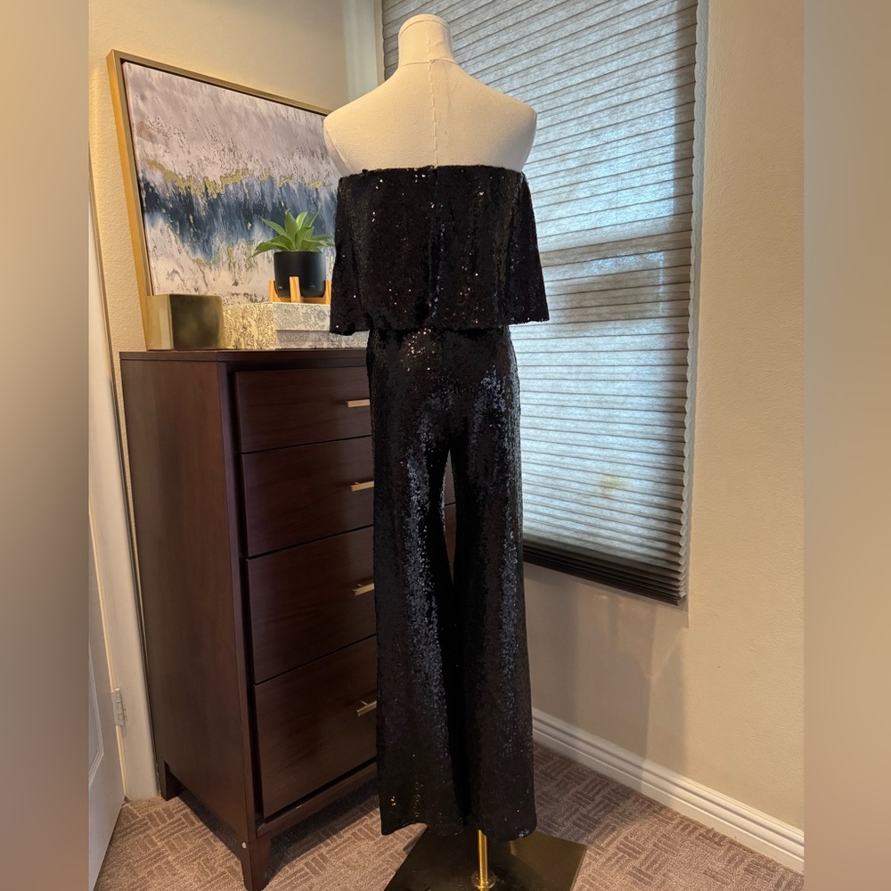 Woman's Premier Amour Black Sequin Jumpsuit Wide-Leg Glamour. Size 6 - Picture 6 of 7